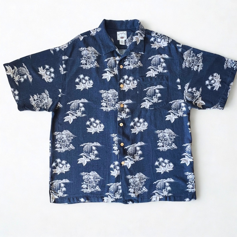 Original Island Sport Hawaiian Rayon Shirt XL Navy Blue Tropical Aloha Camp
